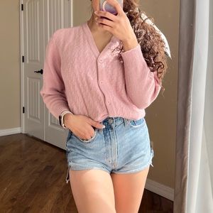 Vintage Rafaella Angora Rabbit Lambswool Cardigan Pink Preppy Cable Knit Sweater